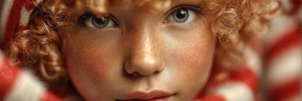Child with curly hair gazing directly at the camera wearing a striped outfit in soft natural light during daylight photo