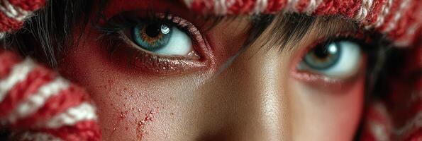 Close-up of striking eyes and vibrant makeup in winter attire showcasing winter beauty and expression photo
