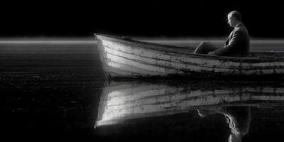Man in a wooden boat reflecting quietly on the water at dawn in a calm lake photo