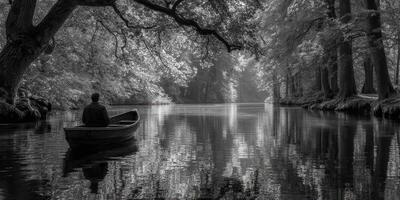 Man rows a small boat on a tranquil river surrounded by trees during a serene afternoon photo