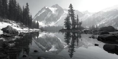 Majestic mountains reflected in tranquil lake surrounded by evergreen trees in a monochrome landscape at dawn photo