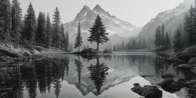 Majestic mountains reflect in tranquil lake surrounded by evergreen trees at dawn photo