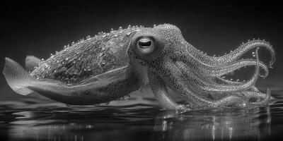 Underwater exploration of a squid showcasing its intricate textures and vibrant colors in a serene ocean environment photo
