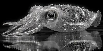 Close-up view of a squid underwater showcasing intricate details and textures in a black and white style photo