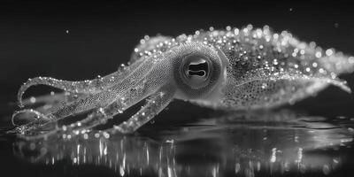 Close-up view of a squid gliding through water in black and white, highlighting intricate details and textures in a serene environment photo