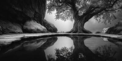 Serene black and white landscape with a large tree and calm water reflection in a tranquil natural setting photo