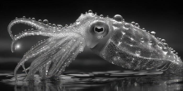 Unique underwater shot of a squid gliding through water and surrounded by bubbles in a tranquil setting photo