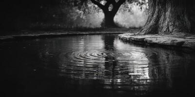 Water ripples create patterns under the shade of a tree in a tranquil park at dawn photo