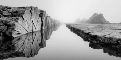 Reflective shoreline with mist enveloping rocky formations at dawn photo