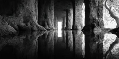Reflections of natural beauty in a serene cave at dawn with stone pillars and calm water photo