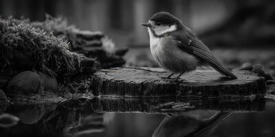 Small bird perched on a tree stump near a calm pond reflecting its image in the serene landscape photo