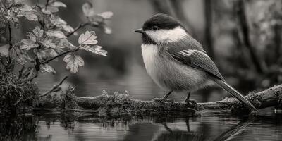Charming bird perched on a mossy branch by the water during a serene afternoon photo