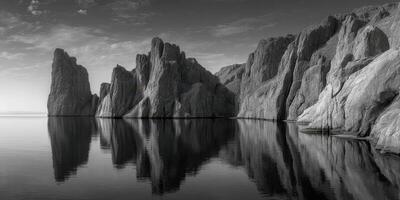 Stunning rock formations reflect in calm waters at dawn near a serene lake photo