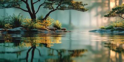 Tranquil lake surrounded by lush trees and vibrant flowers at dawn photo