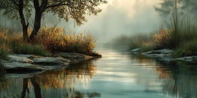 Tranquil river landscape at dawn with mist and reflections in serene nature setting photo