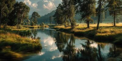 Peaceful river landscape with reflections of trees and clouds in summer light near mountains photo