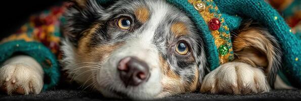 Dog in colorful sweater relaxing on a dark surface during a cozy indoor setting photo