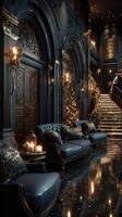 Elegant dark themed interior with festive decorations and soft lighting in a luxurious setting during the holiday season photo