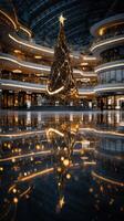 Shimmering Christmas tree in a festive mall setting with vibrant reflections in the evening photo