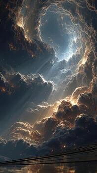 Dramatic clouds illuminated by beams of light create a breathtaking celestial view in a night sky photo