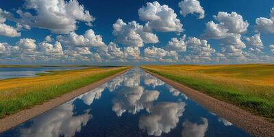 Vibrant landscape with a reflective pathway and dramatic skies in open countryside during midday photo