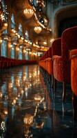 Elegant theater interior showcasing rich red seating and sparkling chandeliers in soft evening light photo
