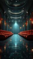 Elegant hallway with red seating and reflective floor under dramatic lighting at night photo