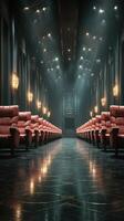 Elegant interior of a vintage theater showcasing plush red seating and ambient lighting along the polished marble floor photo
