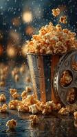 Bowl of popcorn spills on a wet surface with raindrops falling in a cinematic atmosphere photo