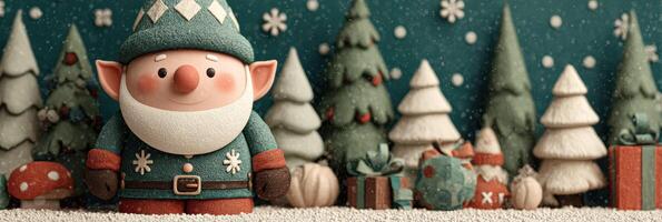 Charming holiday elf stands among festive trees and gifts in a snow-covered winter wonderland photo