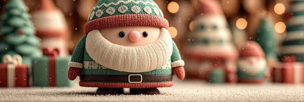 Cheerful holiday figurine dressed as Santa stands among decorated trees and gifts in festive setting during winter season photo