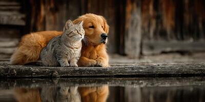 Golden retriever and tabby cat relaxing by reflective water during a serene afternoon at a rustic location photo
