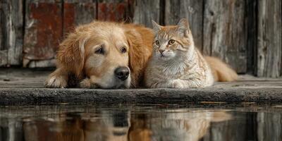 Captivating moment of a golden retriever and a tabby cat relaxing by a calm lake in peaceful surroundings photo