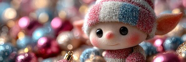 Colorful holiday elf surrounded by shiny ornaments depicting festive cheer in a cozy setting photo
