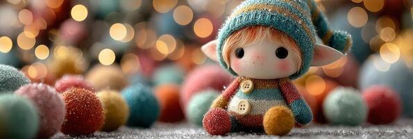 Colorful elf doll surrounded by sparkling decorative balls in a festive indoor setting during winter photo