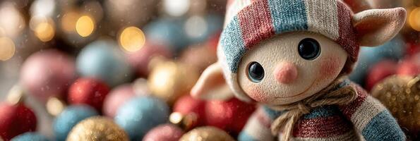 Cute elf doll with colorful ornaments in a festive setting during winter holidays photo