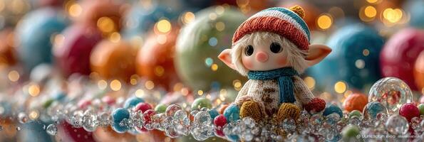 Charming handcrafted elf doll sitting among colorful ornaments and sparkling decorations during a festive celebration photo