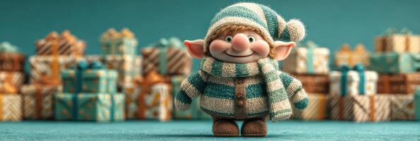 Cheerful elf stands in front of a colorful array of holiday gifts in a cozy setting photo