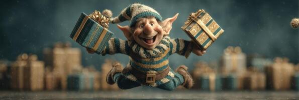 Cheerful elf joyfully holds presents while surrounded by festive decorations in a magical winter setting photo