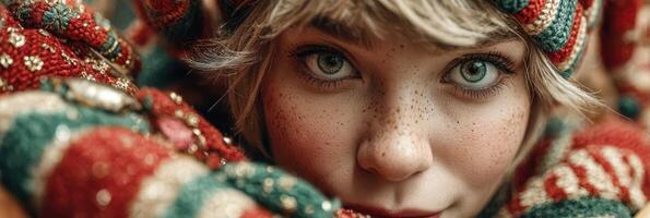 Young child with striking blue eyes and freckles wearing colorful knitted accessories in a cozy winter setting photo