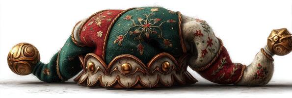 Colorful jester hat with ornate design lying on a light surface showcasing intricate details and textures photo