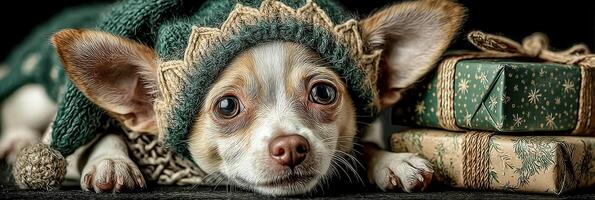 Cute Chihuahua dressed in a festive sweater next to wrapped gifts during holiday season photo