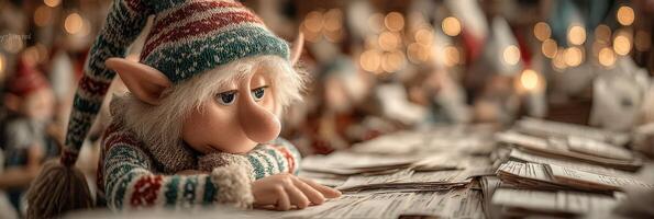 Elf working diligently at a cluttered desk surrounded by holiday decorations in a cozy workshop photo