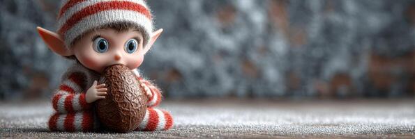 Cute elf child in striped pajamas enjoying a large chocolate egg indoors during wintertime photo