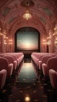 Luxurious vintage theater with elegant pink seats and stunning sunset view at twilight hour photo