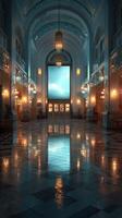 Elegant interior of a grand hall illuminated by soft lighting with a large screen showcasing an underwater scene at night photo
