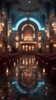 Elegant theater interior with ornate architecture and reflective floor showcasing warm lighting and vintage decor in an atmospheric setting photo
