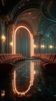 Elegant interior design of a vintage lounge with glowing neon accents and polished marble floor in an evening setting photo