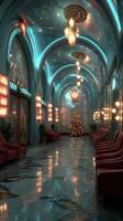 Luxurious hallway with elegant decor and a Christmas tree during a festive evening celebration photo