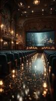 Elegant vintage theater decorated for the holidays with twinkling lights and festive trees photo